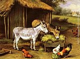 Barn Canvas Paintings - Chickens and Donkeys feeding outside a Barn